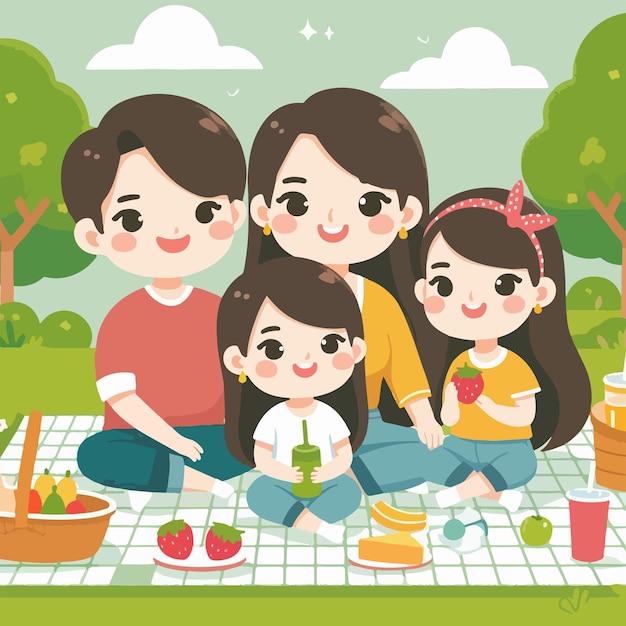 Vector vector happy loving family cute kids on picnic in green park