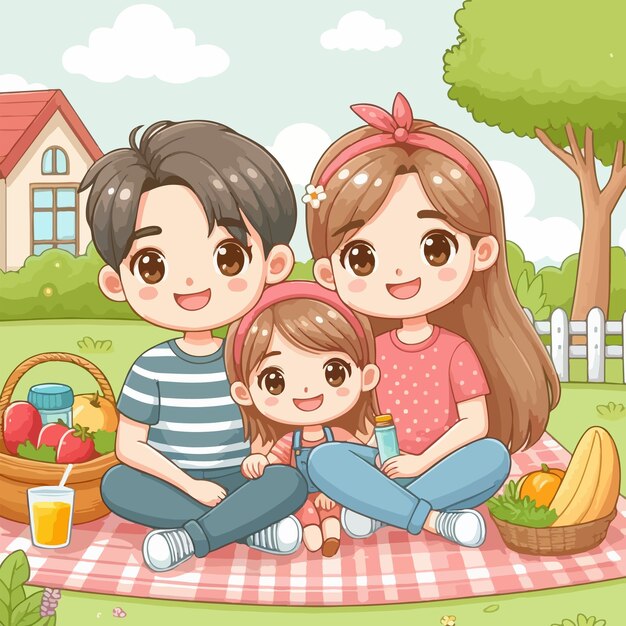 Vector vector happy loving family cute kids on picnic in green park