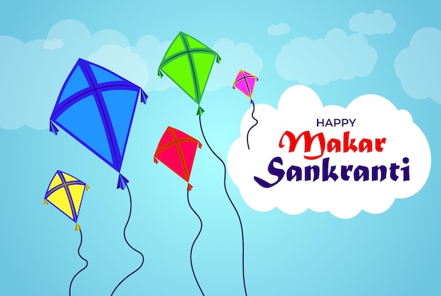 Vector vector happy makar sankranti background with clouds and flying kites