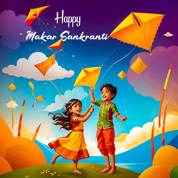 Vector vector happy makar sankranti banner sjabloon jongen en meisje spelen vlieger vieren festival