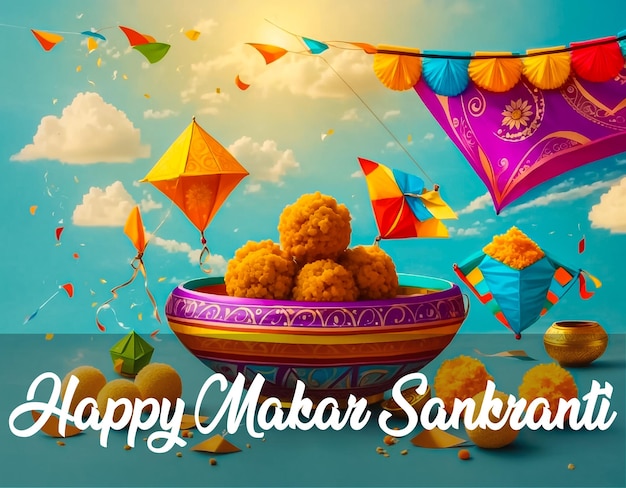 Vector Happy Makar Sankranti banner Template with laddu and beautiful kites