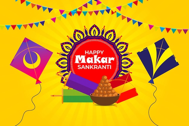 幸せな makar sankranti 黄色の背景に凧、laddoo、文字列のスプールをベクトルします。