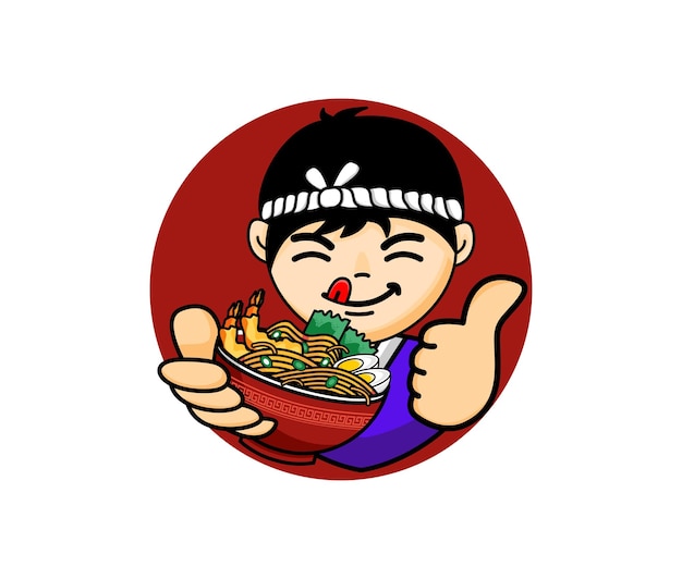 Vector Happy male chef holding ramen noodle cartoon icon illustration