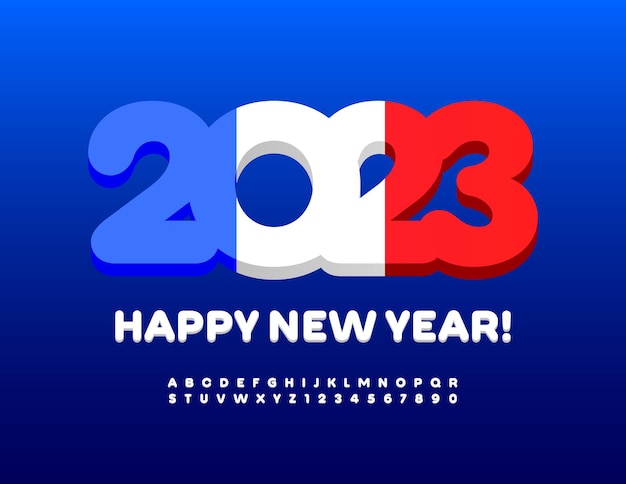 Vector Happy New Year 2023 wenskaart met Franse vlag. Creatief grappig lettertype. Moderne alfabet set