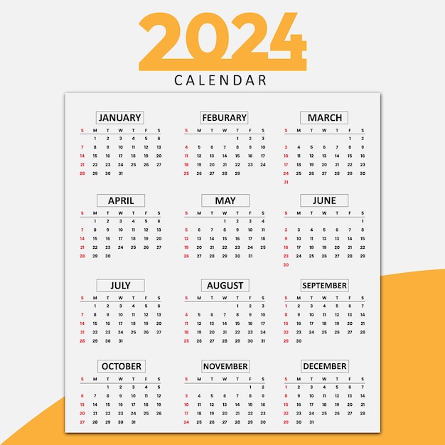 Вектор счастливого нового года 2024 английский календарь шаблон дизайна вектор простой планировщик дизайн шаблон 2