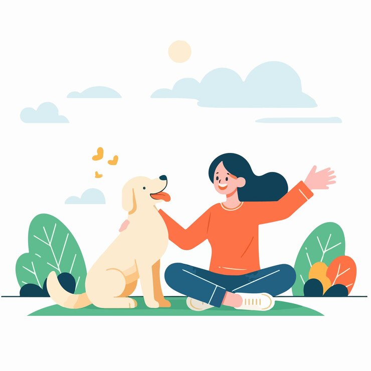 Vector フラットデザインのスタイルで犬を飼う幸せな人々のベクトル