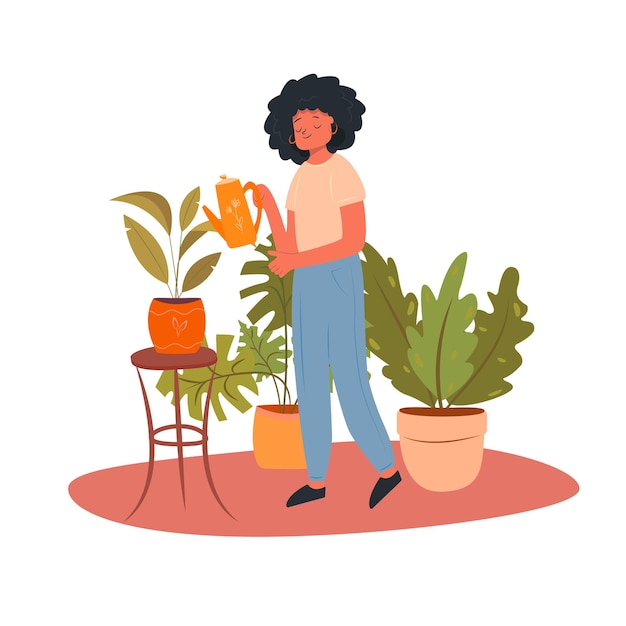 Vector happy plant lady young afroamerican woman watering a potted plant isolated on white backgroun