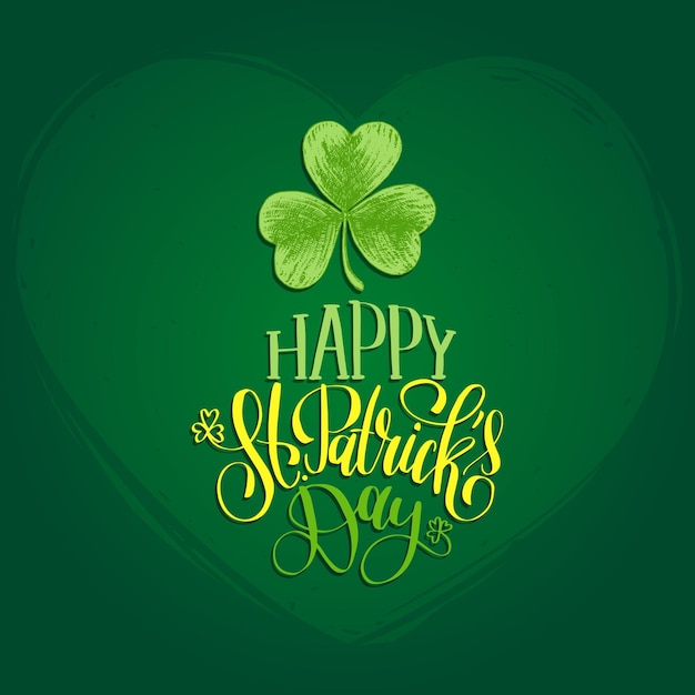 Vector Happy Saint Patricks Day hand belettering wenskaart of posterontwerp. Getekende illustratie van Iers klaversymbool met sierlijke kalligrafie. Feestelijke typografie op groene achtergrond.