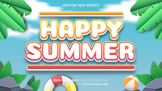 Vector vector happy summer 3d bold style editable text effect on sky background