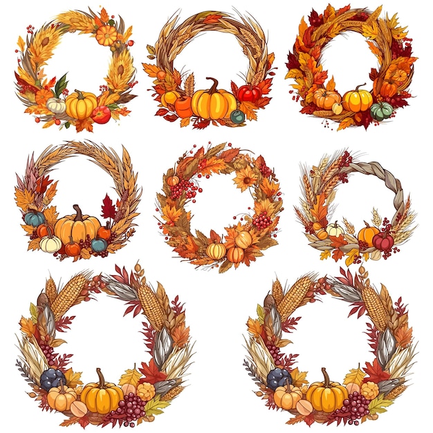 Vector happy thanks giving day round frame autumn holiday greeting card with crop pumpkin turkey