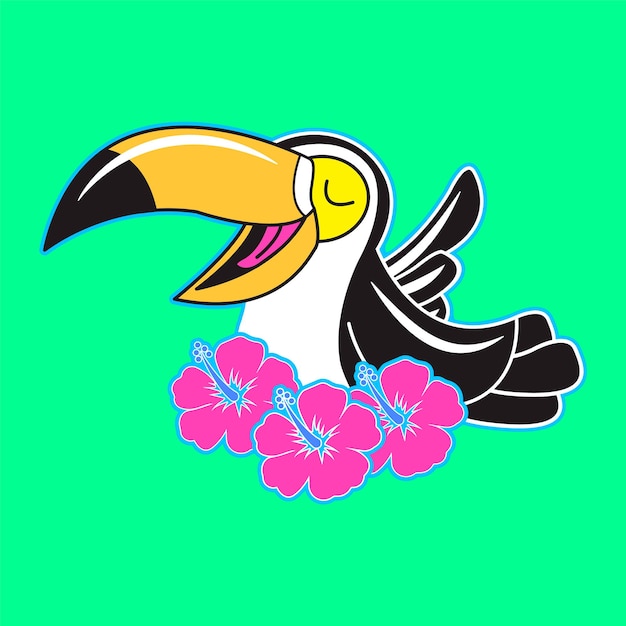 Vector happy toucan bird with hibiscus flowers