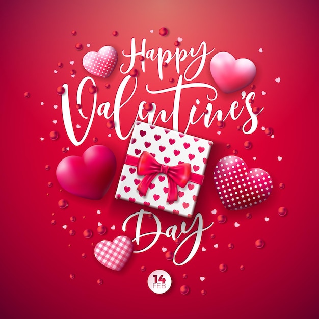 Vector Happy Valentines Day Design with Typography Letter Heart and Gift Box on Red Background