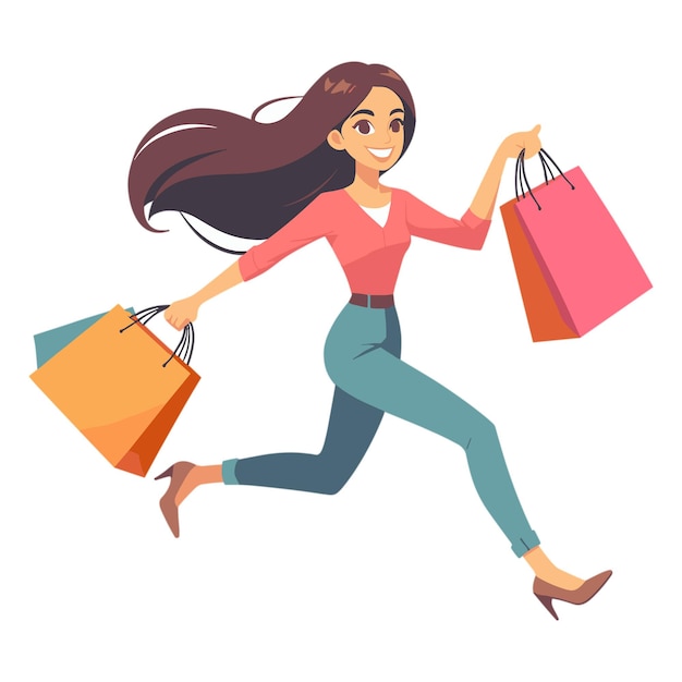 vector Happy Woman running with shopping bag female character with packages in her hands on white b