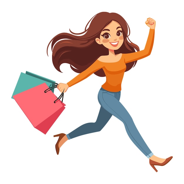 Vector vector happy woman running with shopping bag