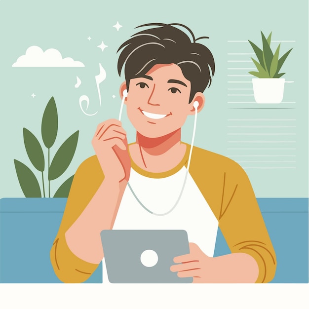 Vector of happy young man listening to music