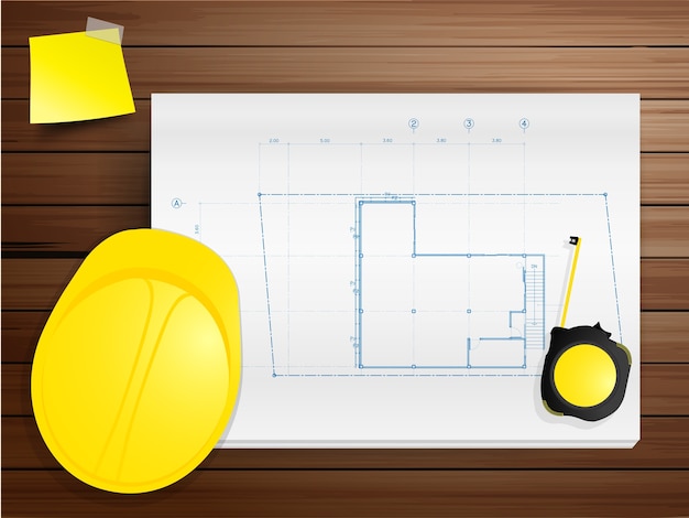vector hard hat with blueprints on wood texture background
