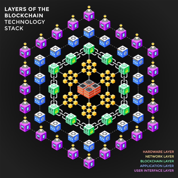 Vector hardware, network, application, user interface layers of blockchain technology stack principal scheme infographic network technology digital business concept illustration