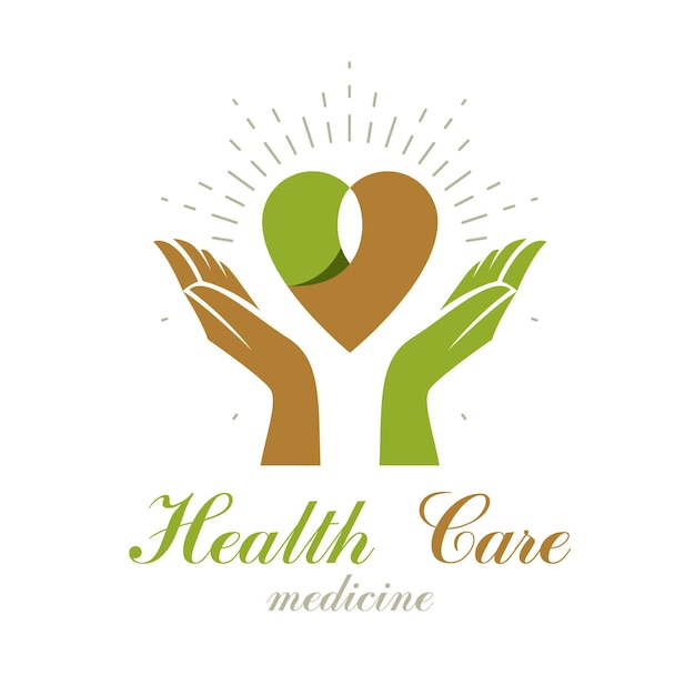 Vector hartvorm samengesteld met groene bladeren en zorgzame handen. Medische revalidatie abstract logo voor gebruik in liefdadigheidsorganisaties.