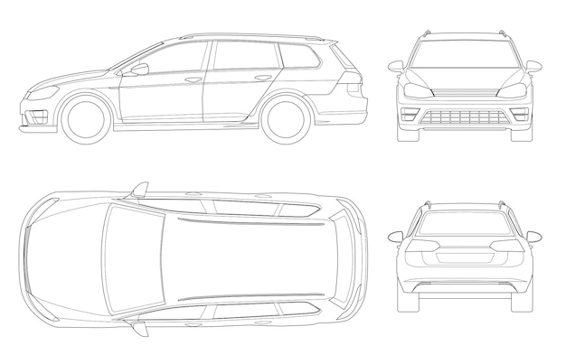 Vector hatchback auto in overzicht. compact hybride voertuig. milieuvriendelijke hi-tech auto. makkelijk om de dikte van de lijnen te veranderen. sjabloon vector geïsoleerd op wit. voorzijde, achterzijde, zijkant, bovenkant bekijken