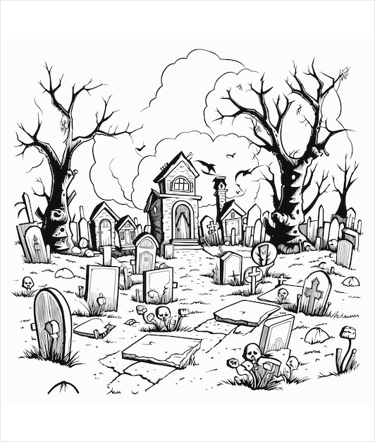Vector haunted cemetery with old graves illustration
