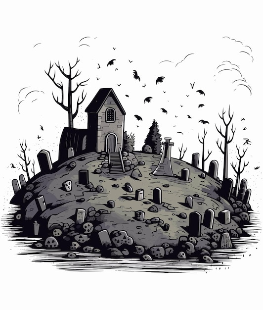 Vector vector haunted cemetery with old graves illustration