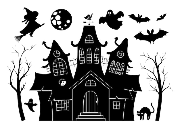 Vector vector haunted house black and white illustration set. halloween silhouette elements of spooky cottage, big moon, ghost, bats, trees. scary samhain party invitation or card design.