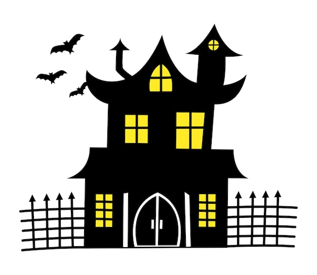 Vector Haunted House en vleermuizen eenvoudige illustratie voor Halloween Zwart groovy huis met geel licht in de ramen