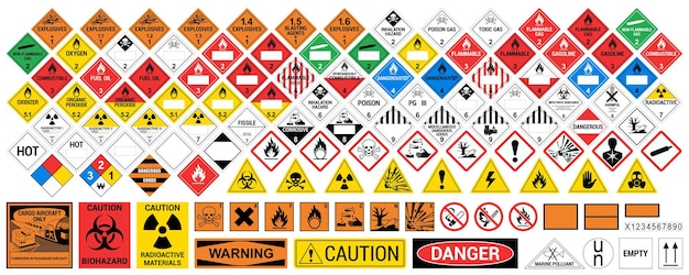 Vettore segnali vettoriali di materiale pericoloso segnali di avvertenza del sistema armonizzato a livello globale tutte le classi cartelli isolati hazmat