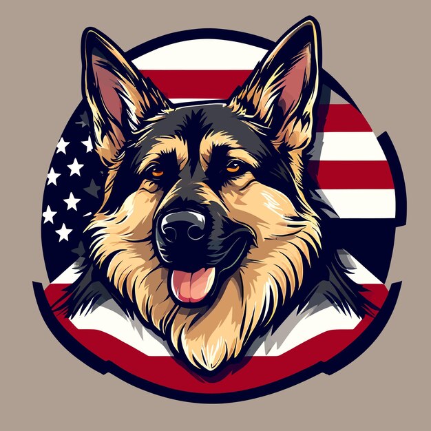 Vettore progetto del logo della bandiera americana a testa di cane vettoriale