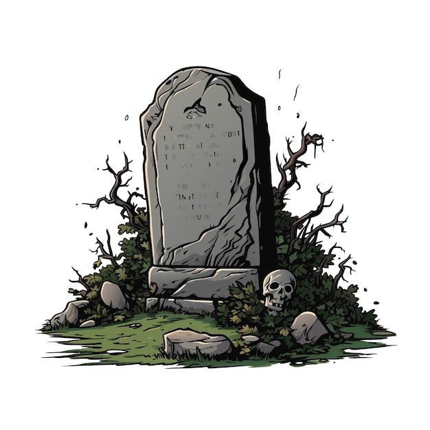 Vettore lapide con testa di scheletro lapide nel cimitero antica lapide con alberi illustrazione vettoriale su sfondo bianco