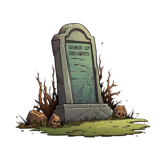 vector headstone with skeleton head tombstone in cemetry ancient tombstone with trees vector illustration on white background