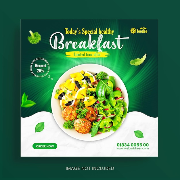 Modello di banner post sui social media per la promozione del menu della colazione sana di vettore