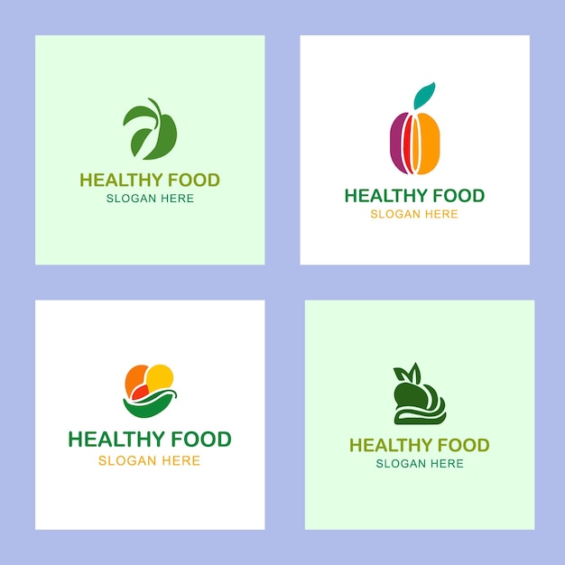 vector healthy food colorful logo emblems set
