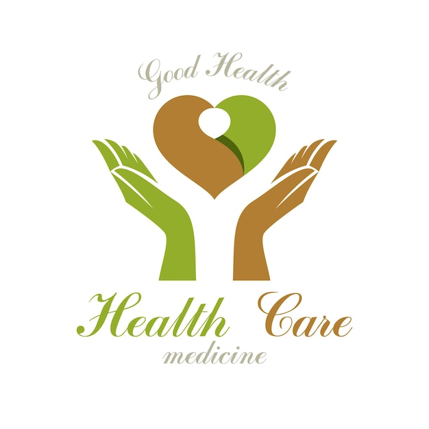 Vector heart shape composed with green leaves and caring hands. Medical rehabilitation abstract logo for use in charitable organizations.