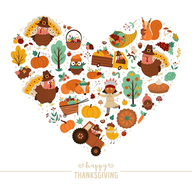 Vector heart shaped frame with comic turkey forest animals Thanksgiving elements pumpkins harvest Autumn card template design for banners posters invitations Cute fall illustrationxA