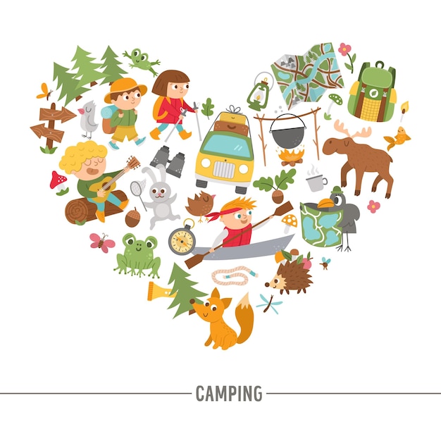 Vector heart shaped frame with cute comic forest animals elements and children doing summer camp activities Card template design with kids on holidays for banners posters invitations xA