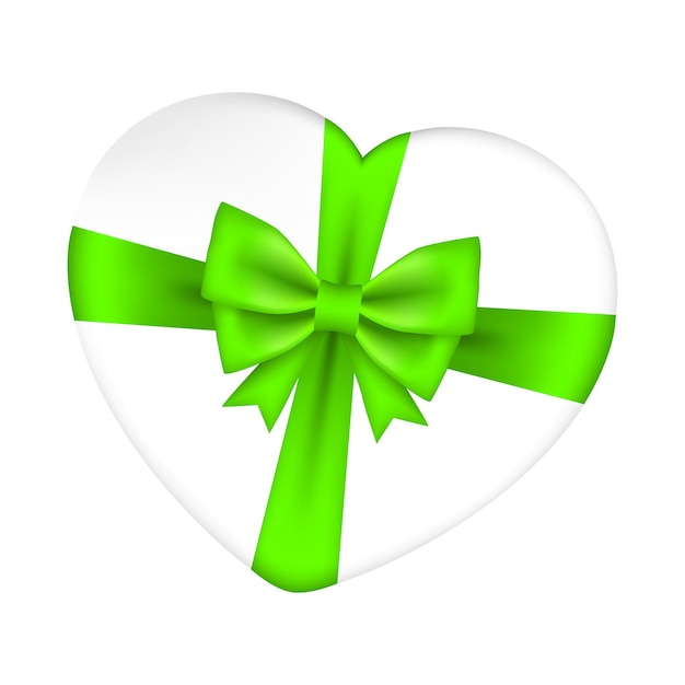 Vector heart shaped gift box and green satin ribbon isolated on white background