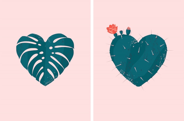 Vector heart shaped tropical plant set of monstera leaf and blooming cactus