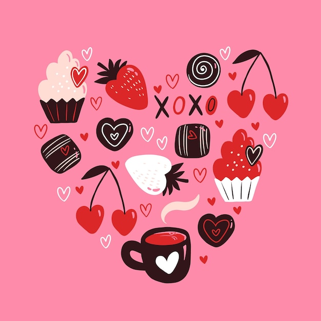 Modello vettoriale a forma di cuore per il giorno di san valentino cupcake ciliegia fragola e caramelle al cioccolato doodle illustrazione per il riempimento della carta da parati texture di superficie di sfondo della pagina web