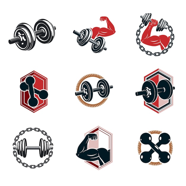 Vector heavy load power lifting theme illustrations collection created with dumbbells and disc weights sport equipment. Strong man body shape.