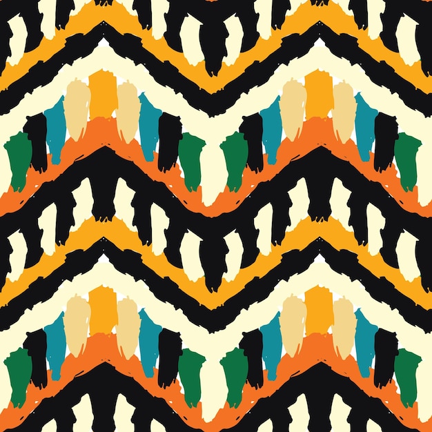Vector helder contrast naadloze patroon penseelstreken Etnische tribal zigzag boho ontwerp van de jaren 70 Handgeschilderde textuur levendige RGB-kleuren Voor cadeaupapier verjaardagskaart textielstof print