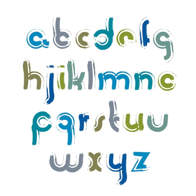 Vector vector helder kalligrafisch lettertype met witte contouren, handgeschreven aquarel kleine letters geïsoleerd op wit, creatief lettertype getekend met inktborstel.