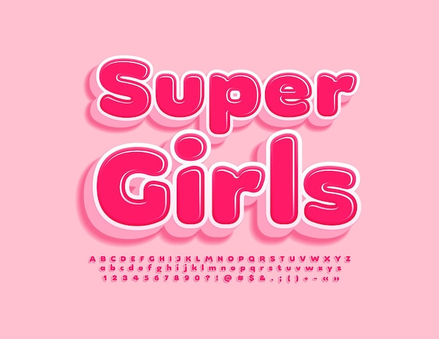 Vector helder teken super girls. rode 3d-lettertype. stijlvolle alfabetletters, cijfers en symbolen