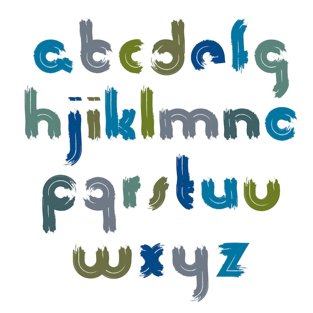 Vector heldere handgeschilderde letters geïsoleerd op een witte achtergrond, kleine kunst script getekend met inkt borstel, besmeurd cartoon lettertype.