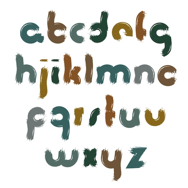 Vector heldere lettertype, handgeschreven aquarel kleine letters geïsoleerd op wit, vuile besmeurde creatieve lettertype getekend met inktborstel.