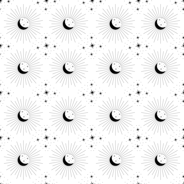 Vector hemelse naadloze patroon Geïsoleerde lineaire zwarte en witte kosmische elementen Zon Maan en sterren