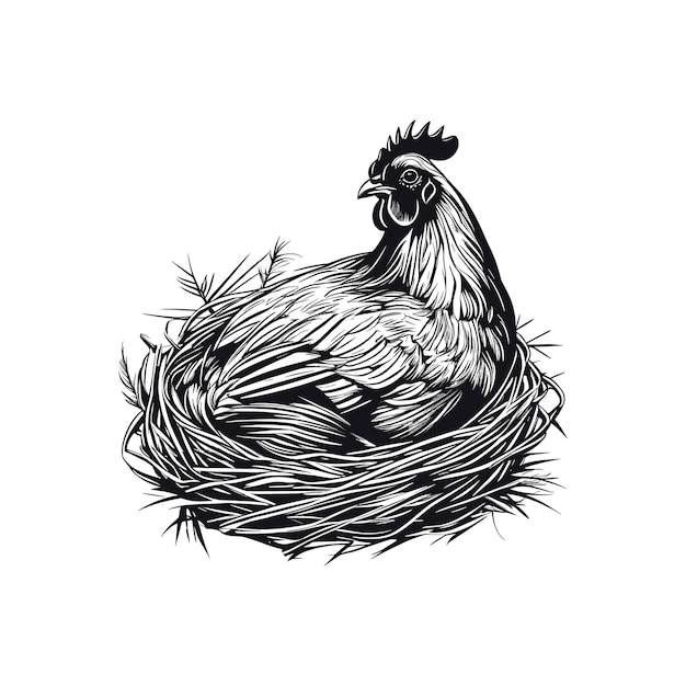 Vector hen sitting in the nest sketch hand drawn in graphic style vector illustration