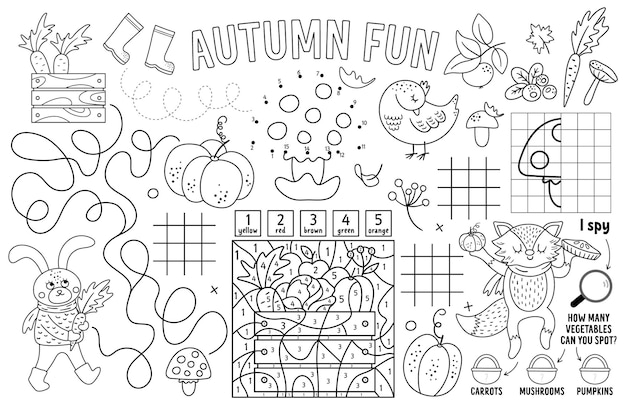 Vector herfst placemat voor kinderen Herfst afdrukbare activiteitenmat met doolhof, kleurplaat