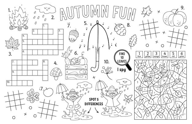 Vector herfst placemat voor kinderen Herfst afdrukbare activiteitenmat met doolhof, kleurplaat