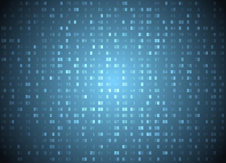 Vector vector hexadecimal code blue background. big data and programming hacking, deep decryption and encryption, computer streaming byte source. coding or hacker concept hex-editor window.